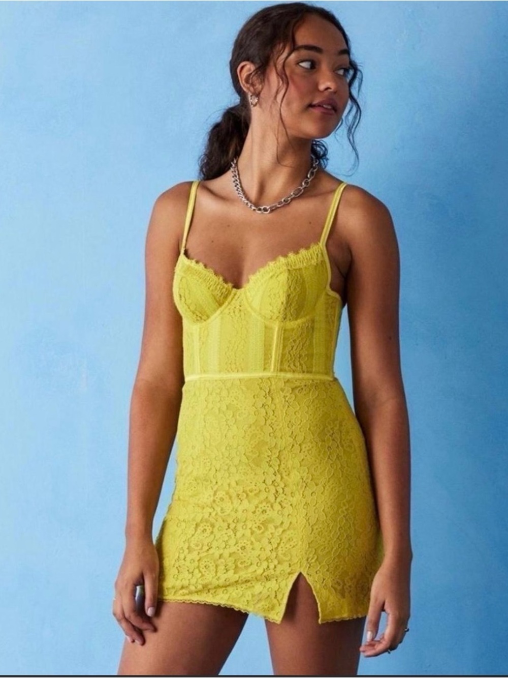 Urban Outfitters Layla Lace Corset Mini Dress Yellow NWT Size L